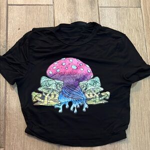 SHEIN Black Tee with Vibrant Mushroom Graphic